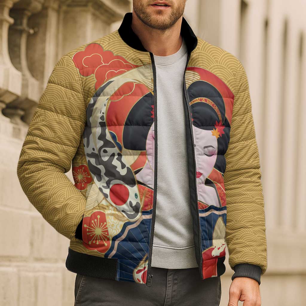 Japanese Geisha Koi Fish Bomber Puffer Jacket Cherry Blossoms Yellow Seigaiha Pattern - Polynesian Pride