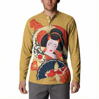 Japanese Geisha Koi Fish Button Sweatshirt Cherry Blossoms Yellow Seigaiha Pattern - Polynesian Pride