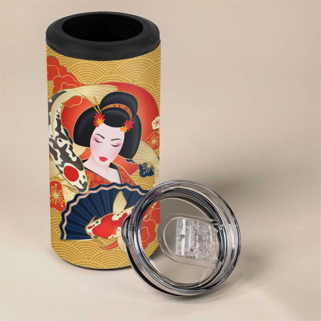 Japanese Geisha Koi Fish 4 in 1 Can Cooler Tumbler Cherry Blossoms Yellow Seigaiha Pattern LT14 - Polynesian Pride