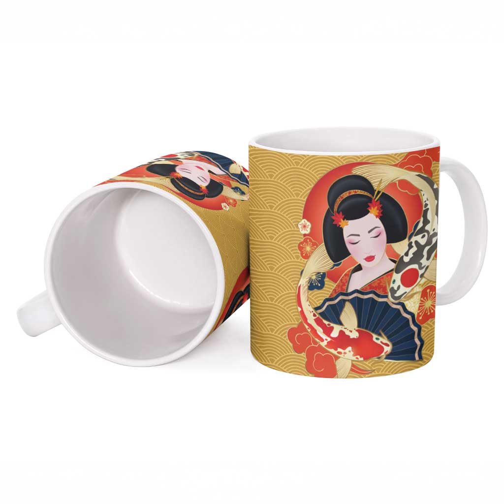 Japanese Geisha Koi Fish Ceramic Mug Cherry Blossoms Yellow Seigaiha Pattern - Polynesian Pride