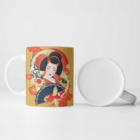 Japanese Geisha Koi Fish Ceramic Mug Cherry Blossoms Yellow Seigaiha Pattern - Polynesian Pride