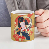 Japanese Geisha Koi Fish Ceramic Mug Cherry Blossoms Yellow Seigaiha Pattern - Polynesian Pride