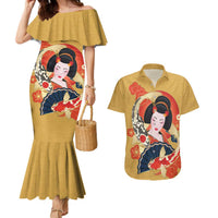 Japanese Geisha Koi Fish Couples Matching Mermaid Dress and Hawaiian Shirt Cherry Blossoms Yellow Seigaiha Pattern LT14 Yellow - Polynesian Pride