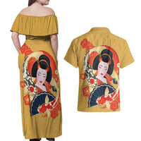 Japanese Geisha Koi Fish Couples Matching Off Shoulder Maxi Dress and Hawaiian Shirt Cherry Blossoms Yellow Seigaiha Pattern LT14 - Polynesian Pride