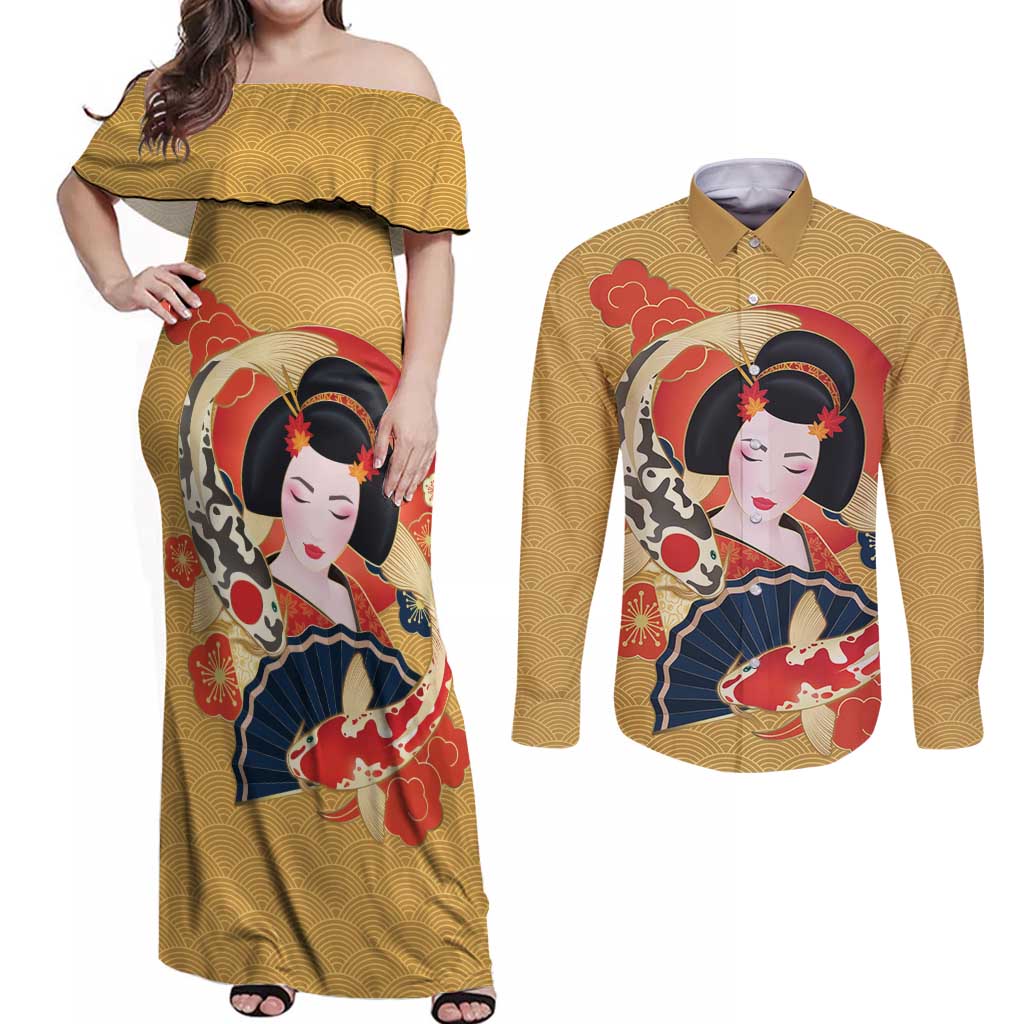 Japanese Geisha Koi Fish Couples Matching Off Shoulder Maxi Dress and Long Sleeve Button Shirt Cherry Blossoms Yellow Seigaiha Pattern LT14 Yellow - Polynesian Pride