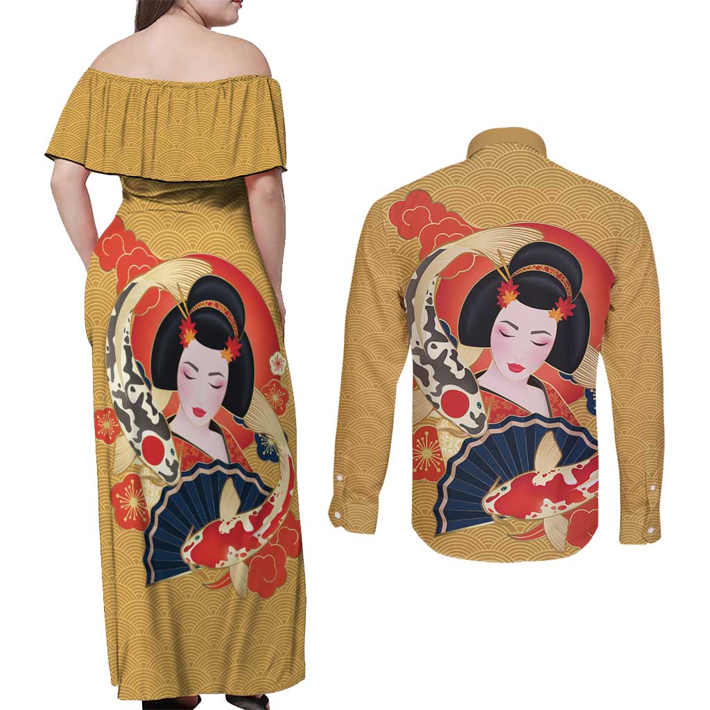 Japanese Geisha Koi Fish Couples Matching Off Shoulder Maxi Dress and Long Sleeve Button Shirt Cherry Blossoms Yellow Seigaiha Pattern LT14 - Polynesian Pride