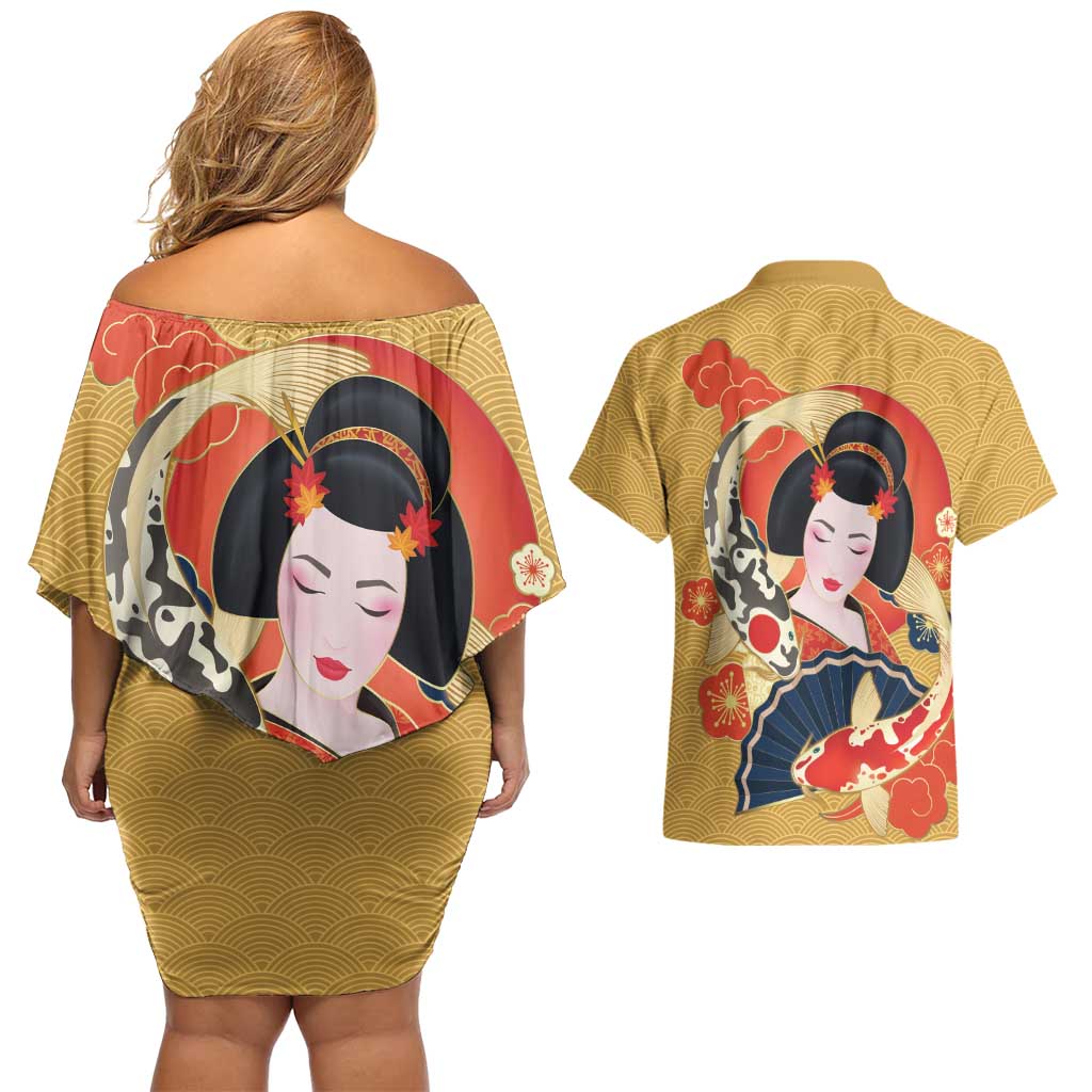Japanese Geisha Koi Fish Couples Matching Off Shoulder Short Dress and Hawaiian Shirt Cherry Blossoms Yellow Seigaiha Pattern LT14 - Polynesian Pride