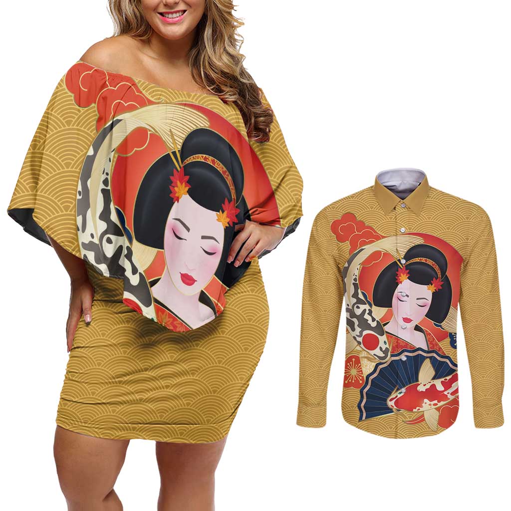 Japanese Geisha Koi Fish Couples Matching Off Shoulder Short Dress and Long Sleeve Button Shirt Cherry Blossoms Yellow Seigaiha Pattern LT14 Yellow - Polynesian Pride