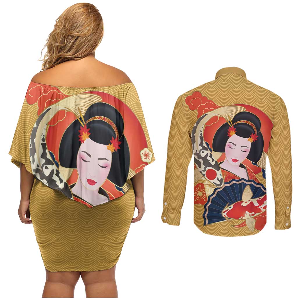 Japanese Geisha Koi Fish Couples Matching Off Shoulder Short Dress and Long Sleeve Button Shirt Cherry Blossoms Yellow Seigaiha Pattern LT14 - Polynesian Pride