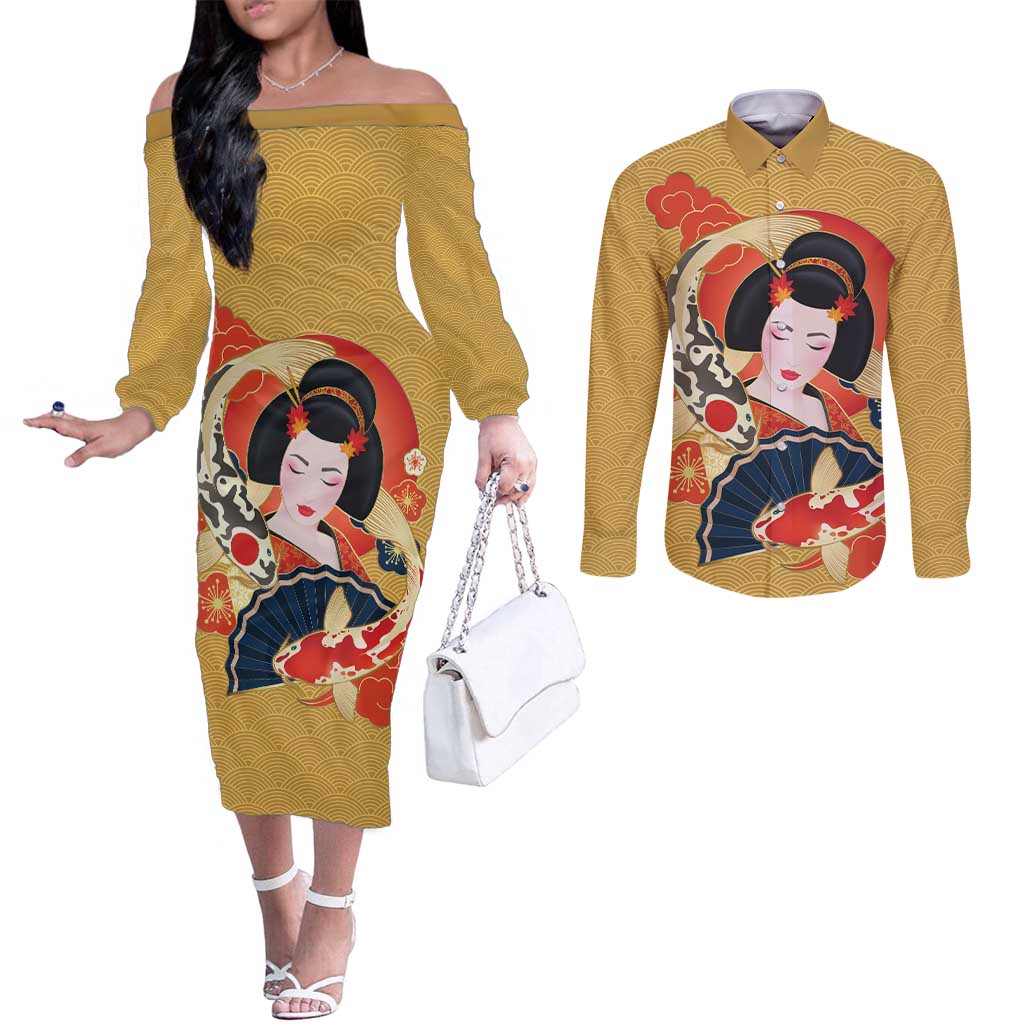Japanese Geisha Koi Fish Couples Matching Off The Shoulder Long Sleeve Dress and Long Sleeve Button Shirt Cherry Blossoms Yellow Seigaiha Pattern LT14 Yellow - Polynesian Pride