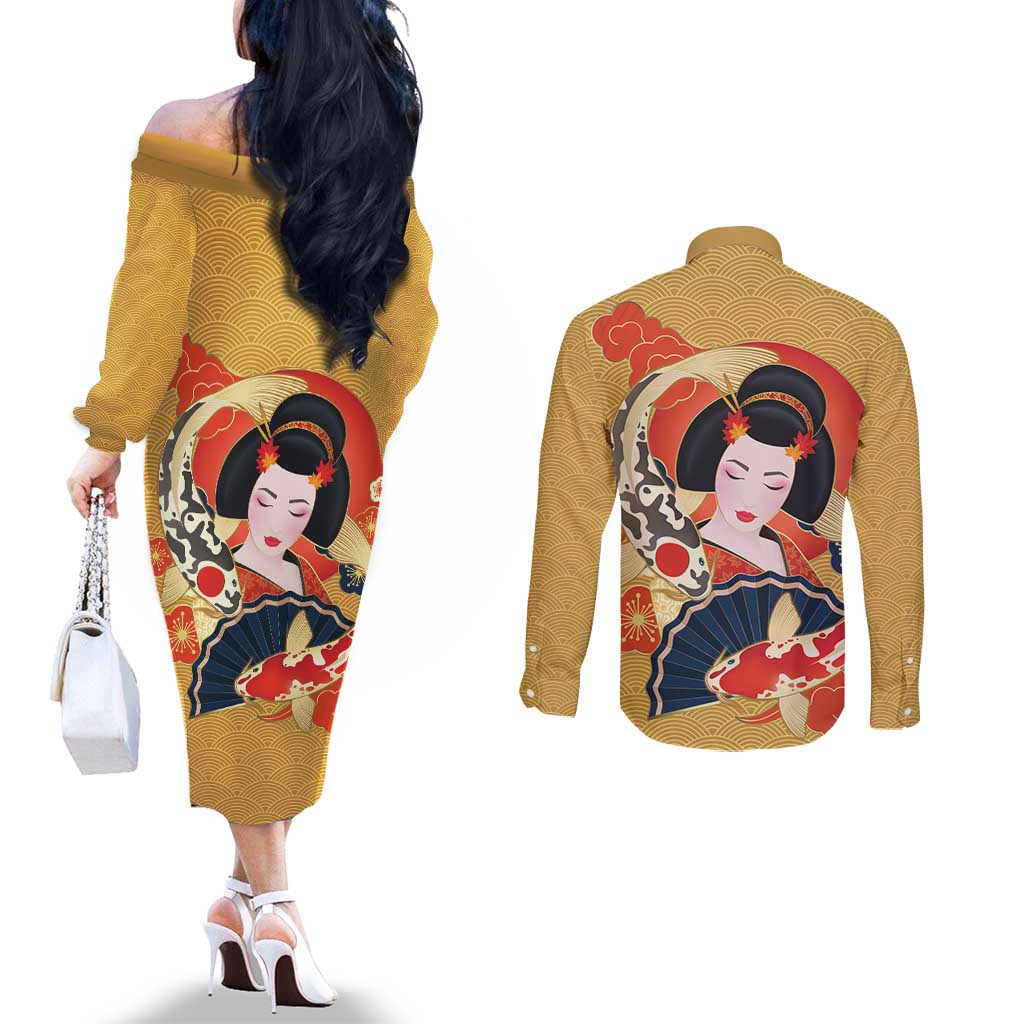 Japanese Geisha Koi Fish Couples Matching Off The Shoulder Long Sleeve Dress and Long Sleeve Button Shirt Cherry Blossoms Yellow Seigaiha Pattern LT14 - Polynesian Pride