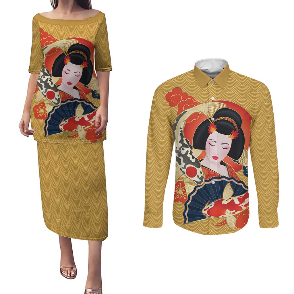 Japanese Geisha Koi Fish Couples Matching Puletasi and Long Sleeve Button Shirt Cherry Blossoms Yellow Seigaiha Pattern LT14 Yellow - Polynesian Pride
