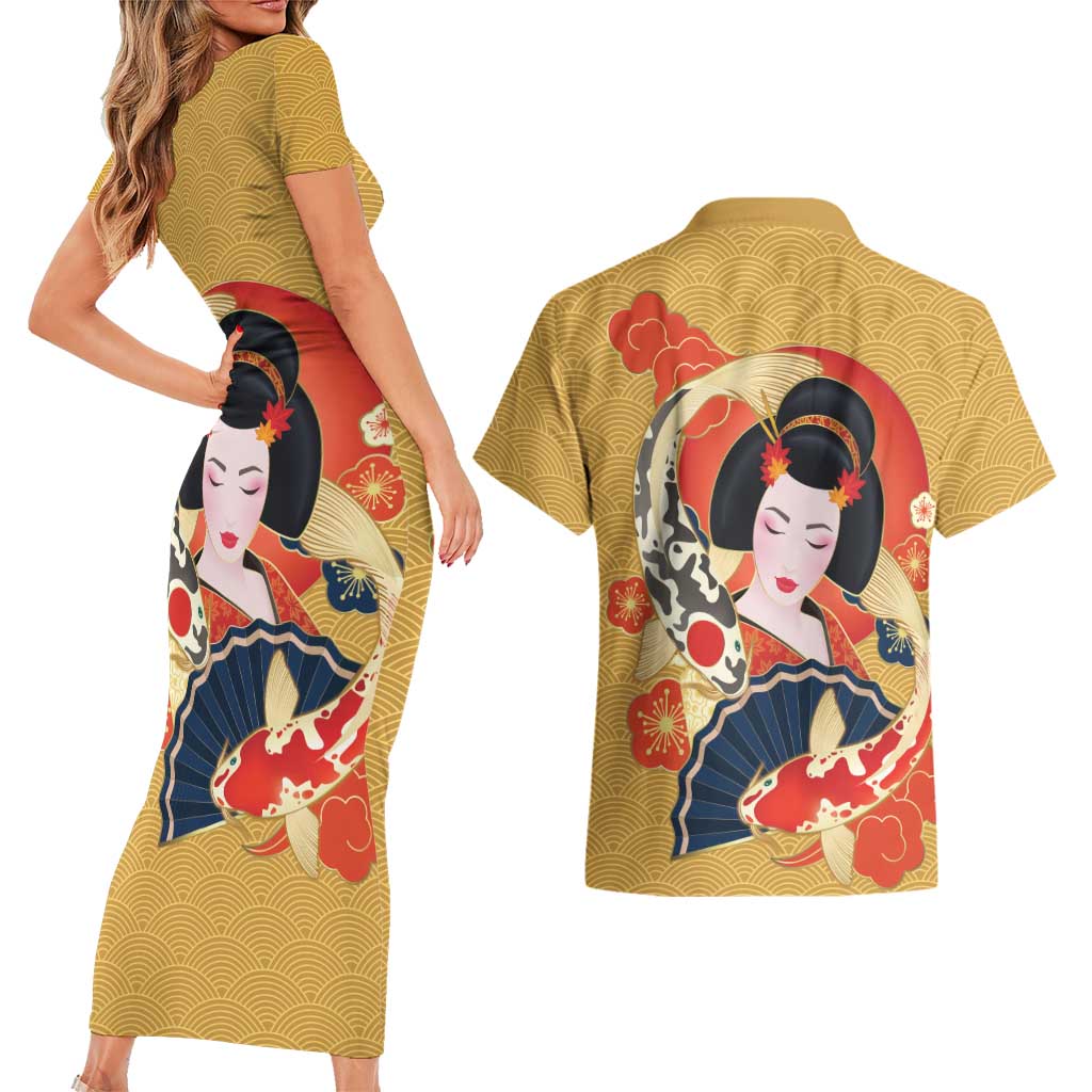 Japanese Geisha Koi Fish Couples Matching Short Sleeve Bodycon Dress and Hawaiian Shirt Cherry Blossoms Yellow Seigaiha Pattern LT14 - Polynesian Pride
