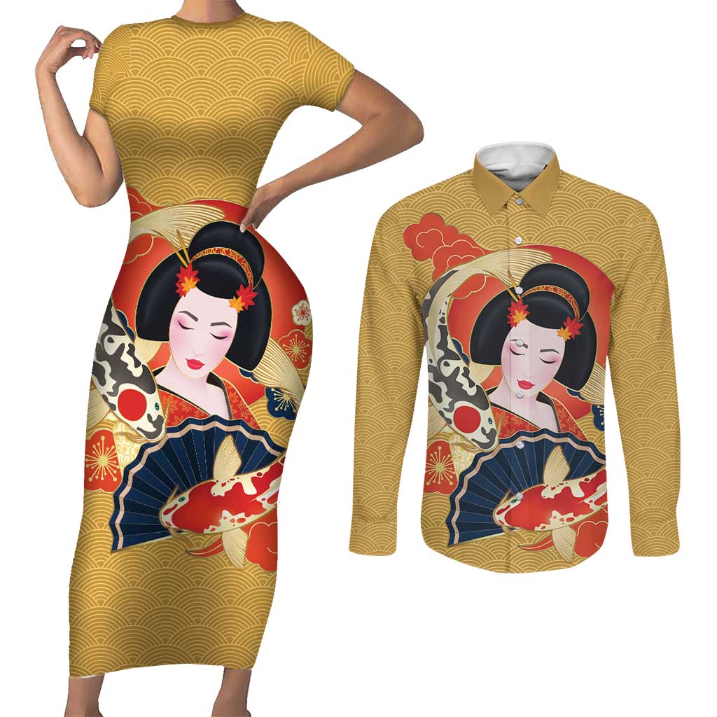 Japanese Geisha Koi Fish Couples Matching Short Sleeve Bodycon Dress and Long Sleeve Button Shirt Cherry Blossoms Yellow Seigaiha Pattern LT14 Yellow - Polynesian Pride