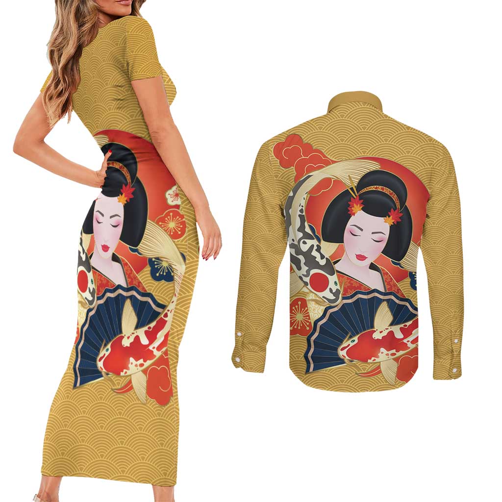 Japanese Geisha Koi Fish Couples Matching Short Sleeve Bodycon Dress and Long Sleeve Button Shirt Cherry Blossoms Yellow Seigaiha Pattern LT14 - Polynesian Pride