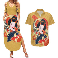 Japanese Geisha Koi Fish Couples Matching Summer Maxi Dress and Hawaiian Shirt Cherry Blossoms Yellow Seigaiha Pattern LT14 Yellow - Polynesian Pride