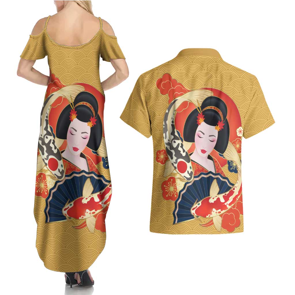 Japanese Geisha Koi Fish Couples Matching Summer Maxi Dress and Hawaiian Shirt Cherry Blossoms Yellow Seigaiha Pattern LT14 - Polynesian Pride