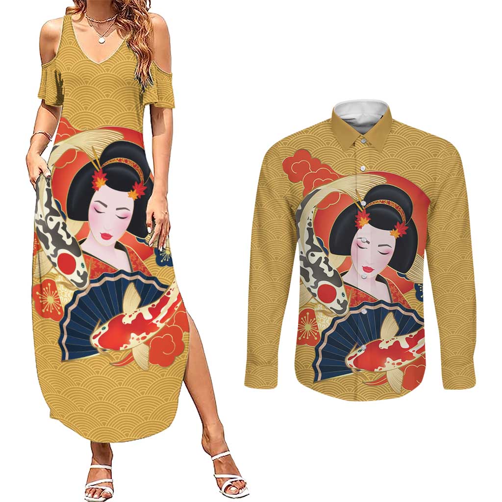 Japanese Geisha Koi Fish Couples Matching Summer Maxi Dress and Long Sleeve Button Shirt Cherry Blossoms Yellow Seigaiha Pattern LT14 Yellow - Polynesian Pride