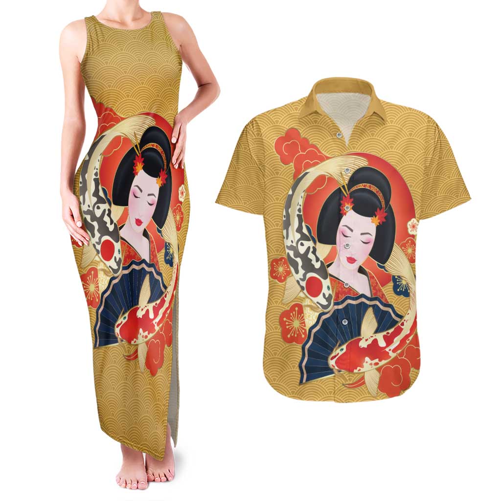 Japanese Geisha Koi Fish Couples Matching Tank Maxi Dress and Hawaiian Shirt Cherry Blossoms Yellow Seigaiha Pattern LT14 Yellow - Polynesian Pride