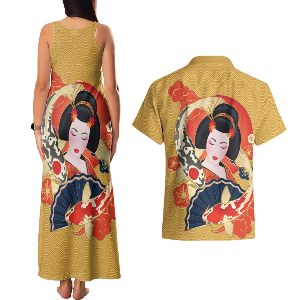 Japanese Geisha Koi Fish Couples Matching Tank Maxi Dress and Hawaiian Shirt Cherry Blossoms Yellow Seigaiha Pattern LT14 - Polynesian Pride