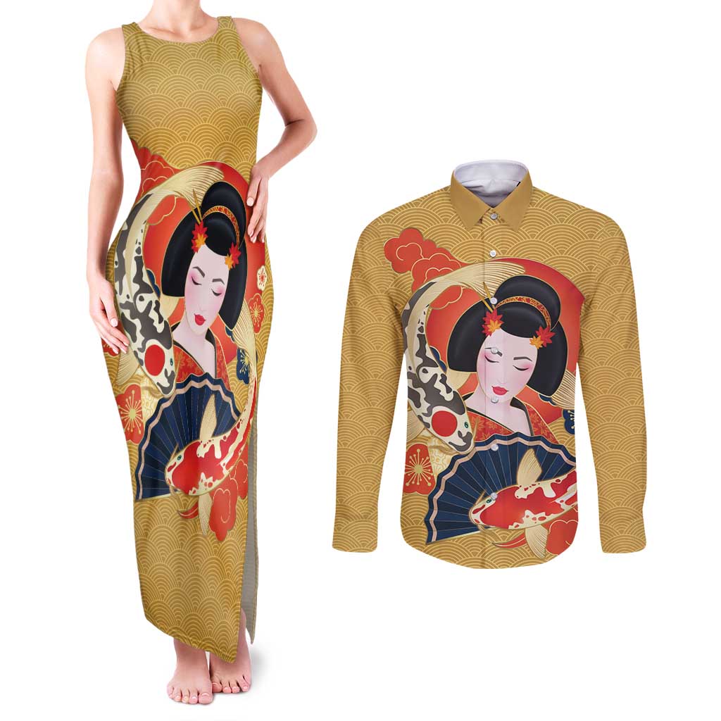 Japanese Geisha Koi Fish Couples Matching Tank Maxi Dress and Long Sleeve Button Shirt Cherry Blossoms Yellow Seigaiha Pattern LT14 Yellow - Polynesian Pride