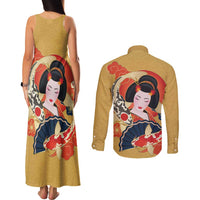 Japanese Geisha Koi Fish Couples Matching Tank Maxi Dress and Long Sleeve Button Shirt Cherry Blossoms Yellow Seigaiha Pattern LT14 - Polynesian Pride