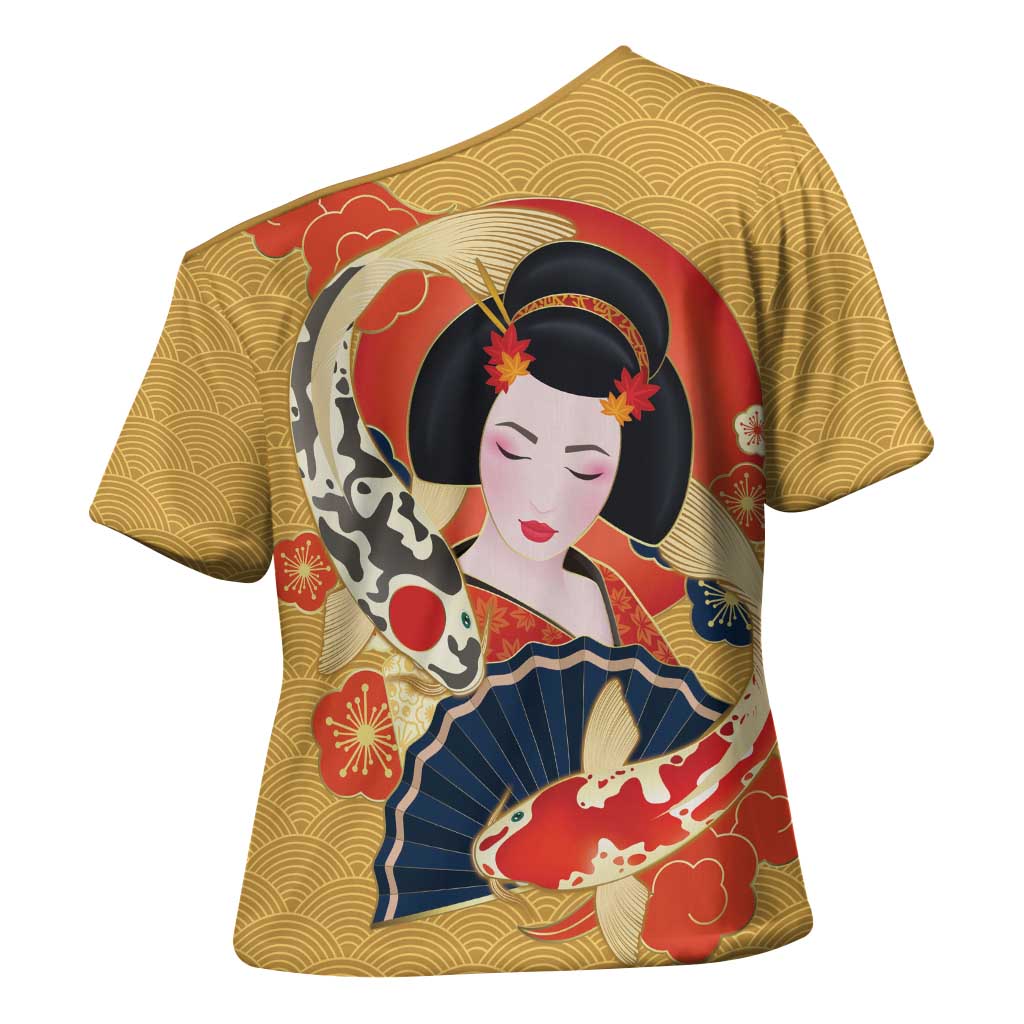 Japanese Geisha Koi Fish Cross Shoulder Shirt Cherry Blossoms Yellow Seigaiha Pattern - Polynesian Pride