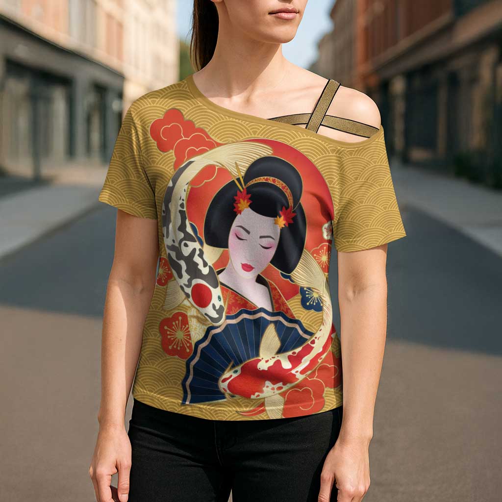 Japanese Geisha Koi Fish Cross Shoulder Shirt Cherry Blossoms Yellow Seigaiha Pattern - Polynesian Pride