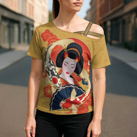 Japanese Geisha Koi Fish Cross Shoulder Shirt Cherry Blossoms Yellow Seigaiha Pattern - Polynesian Pride