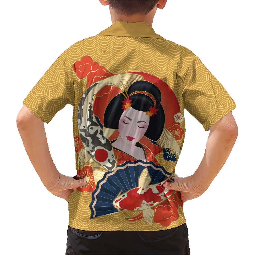 Japanese Geisha Koi Fish Family Matching Long Sleeve Bodycon Dress and Hawaiian Shirt Cherry Blossoms Yellow Seigaiha Pattern LT14 - Polynesian Pride
