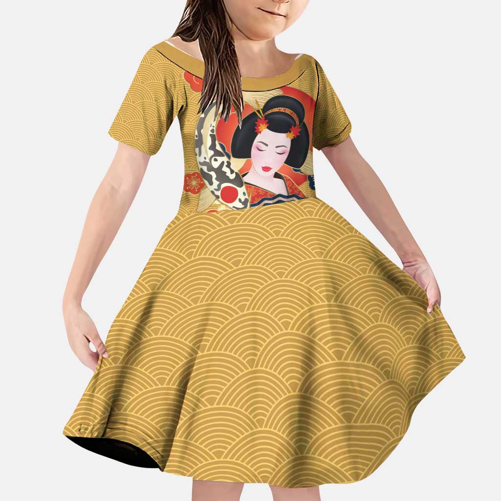 Japanese Geisha Koi Fish Family Matching Long Sleeve Bodycon Dress and Hawaiian Shirt Cherry Blossoms Yellow Seigaiha Pattern LT14 Daughter's Dress Yellow - Polynesian Pride