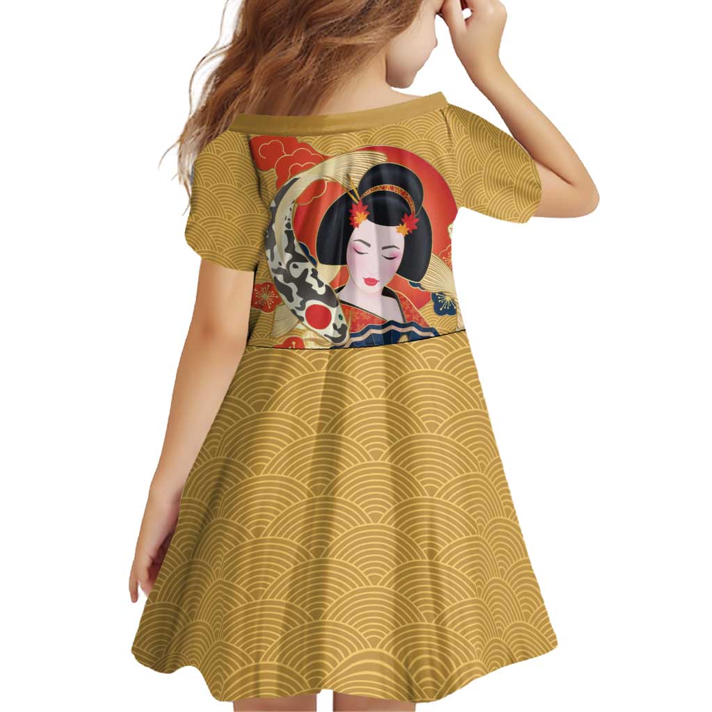 Japanese Geisha Koi Fish Family Matching Long Sleeve Bodycon Dress and Hawaiian Shirt Cherry Blossoms Yellow Seigaiha Pattern LT14 - Polynesian Pride