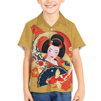 Japanese Geisha Koi Fish Family Matching Long Sleeve Bodycon Dress and Hawaiian Shirt Cherry Blossoms Yellow Seigaiha Pattern LT14 Son's Shirt Yellow - Polynesian Pride