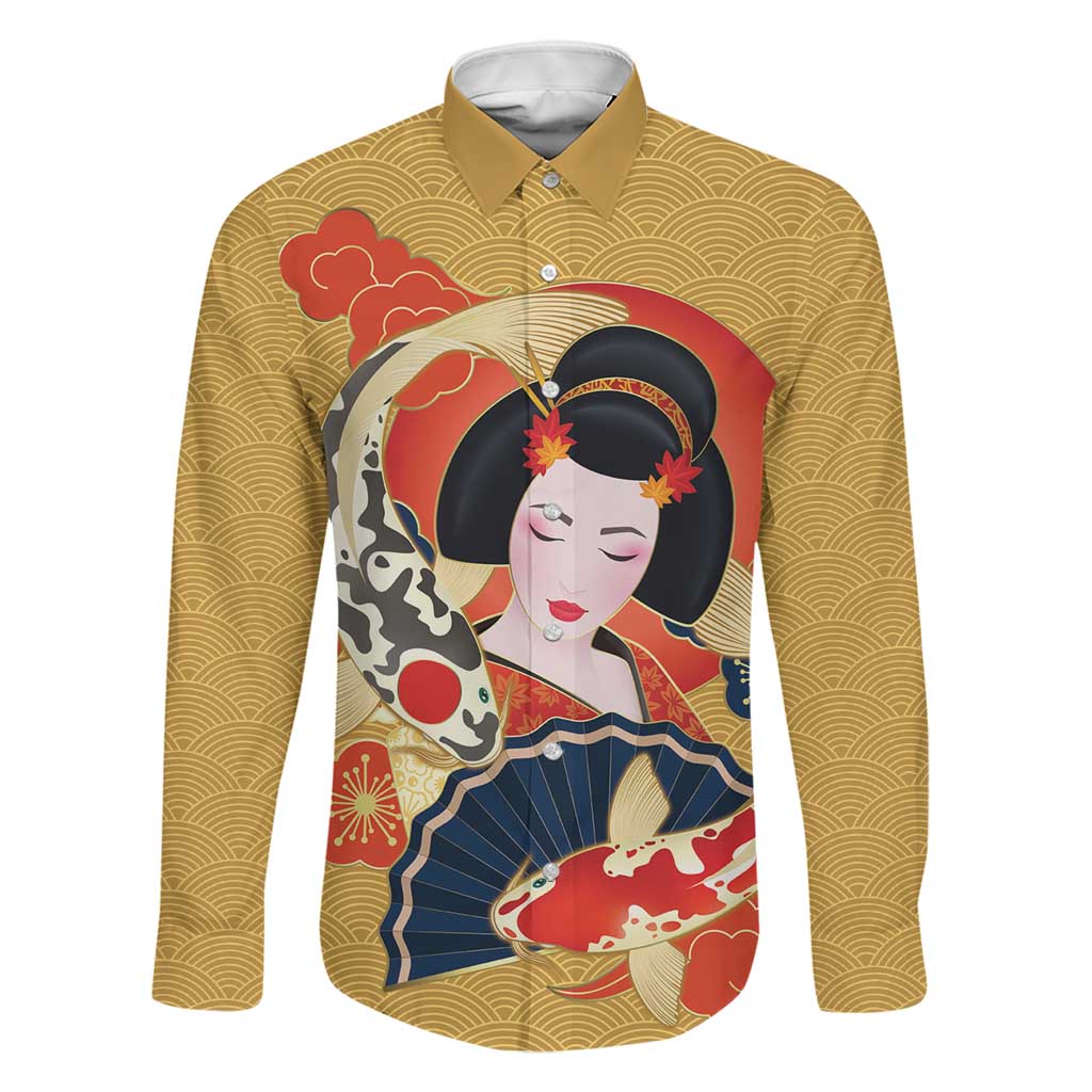 Japanese Geisha Koi Fish Family Matching Mermaid Dress and Hawaiian Shirt Cherry Blossoms Yellow Seigaiha Pattern LT14 Dad's Shirt - Long Sleeve Yellow - Polynesian Pride