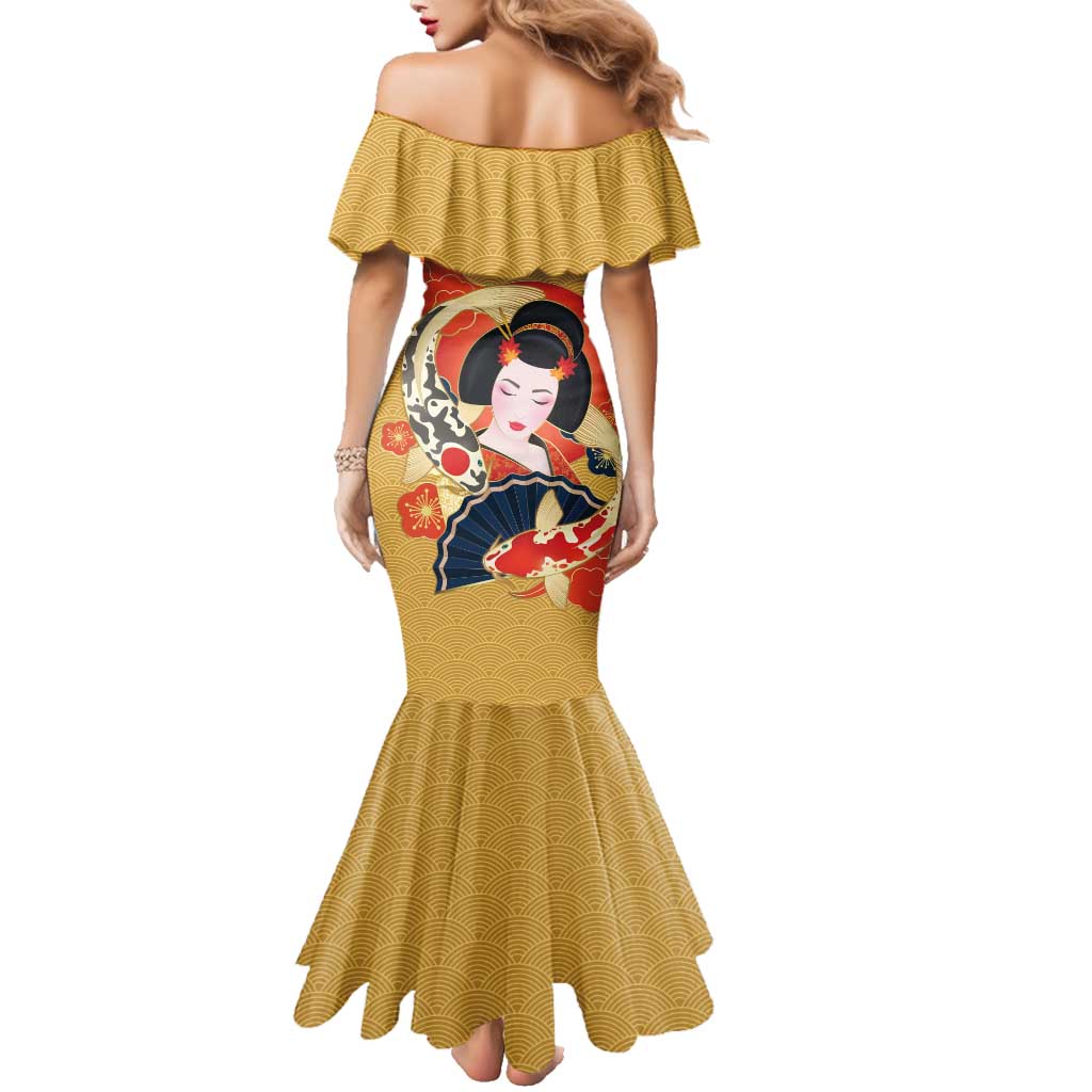 Japanese Geisha Koi Fish Family Matching Mermaid Dress and Hawaiian Shirt Cherry Blossoms Yellow Seigaiha Pattern LT14 - Polynesian Pride