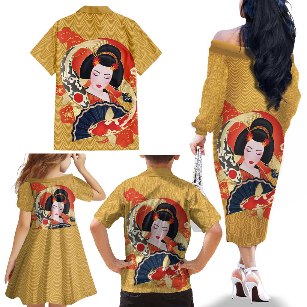 Japanese Geisha Koi Fish Family Matching Off The Shoulder Long Sleeve Dress and Hawaiian Shirt Cherry Blossoms Yellow Seigaiha Pattern LT14 - Polynesian Pride