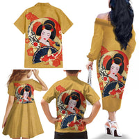 Japanese Geisha Koi Fish Family Matching Off The Shoulder Long Sleeve Dress and Hawaiian Shirt Cherry Blossoms Yellow Seigaiha Pattern LT14 - Polynesian Pride
