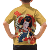 Japanese Geisha Koi Fish Family Matching Off Shoulder Maxi Dress and Hawaiian Shirt Cherry Blossoms Yellow Seigaiha Pattern LT14 - Polynesian Pride