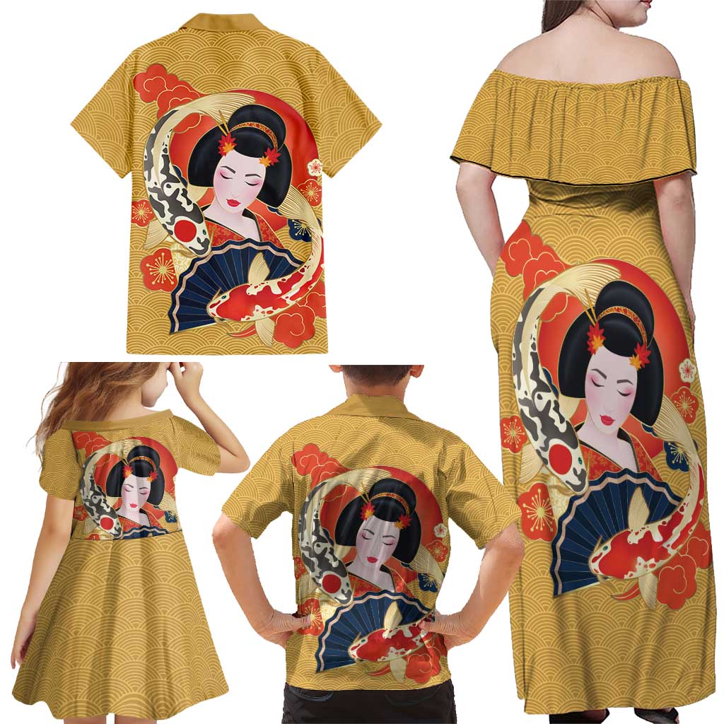 Japanese Geisha Koi Fish Family Matching Off Shoulder Maxi Dress and Hawaiian Shirt Cherry Blossoms Yellow Seigaiha Pattern LT14 - Polynesian Pride