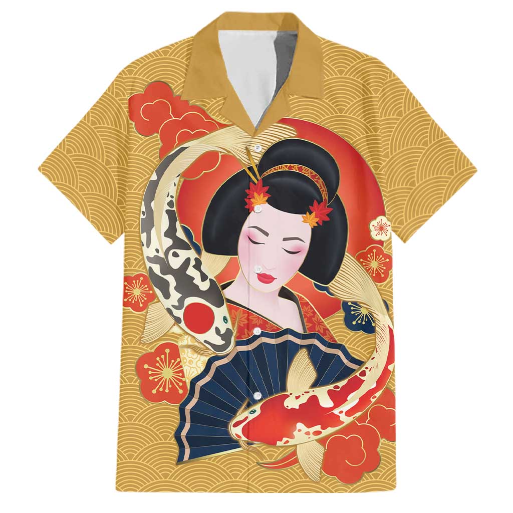 Japanese Geisha Koi Fish Family Matching Off Shoulder Short Dress and Hawaiian Shirt Cherry Blossoms Yellow Seigaiha Pattern LT14 Dad's Shirt - Short Sleeve Yellow - Polynesian Pride