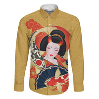 Japanese Geisha Koi Fish Family Matching Off Shoulder Short Dress and Hawaiian Shirt Cherry Blossoms Yellow Seigaiha Pattern LT14 Dad's Shirt - Long Sleeve Yellow - Polynesian Pride