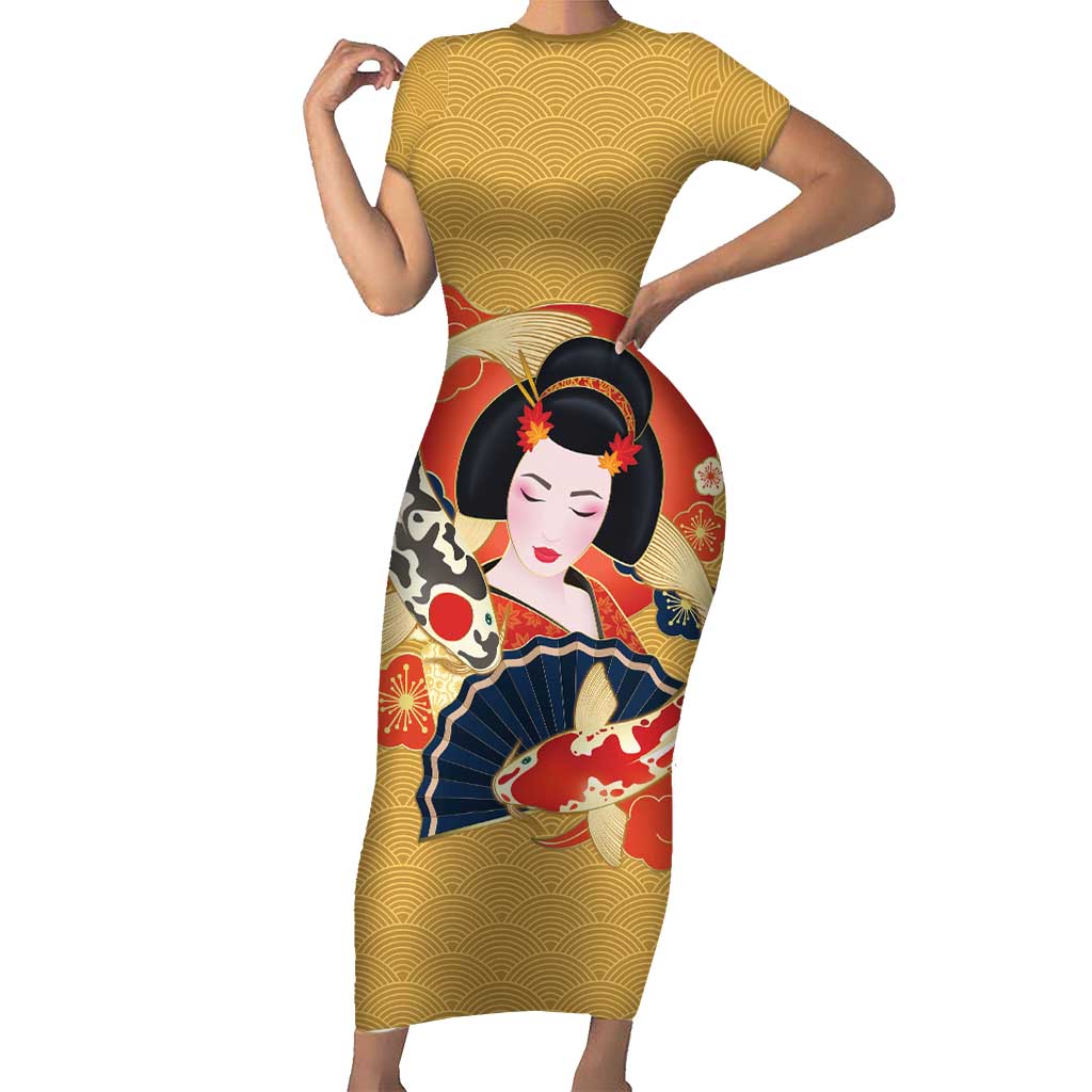 Japanese Geisha Koi Fish Family Matching Short Sleeve Bodycon Dress and Hawaiian Shirt Cherry Blossoms Yellow Seigaiha Pattern LT14 Mom's Dress Yellow - Polynesian Pride