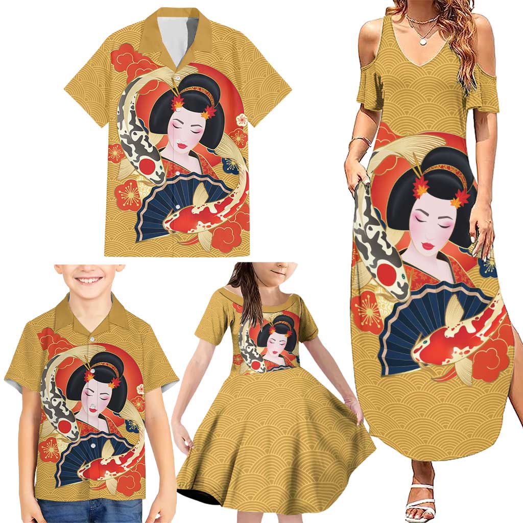 Japanese Geisha Koi Fish Family Matching Summer Maxi Dress and Hawaiian Shirt Cherry Blossoms Yellow Seigaiha Pattern LT14 - Polynesian Pride