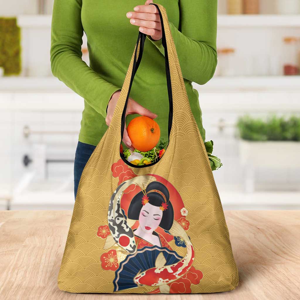 Japanese Geisha Koi Fish Grocery Bag Cherry Blossoms Yellow Seigaiha Pattern LT14 - Polynesian Pride