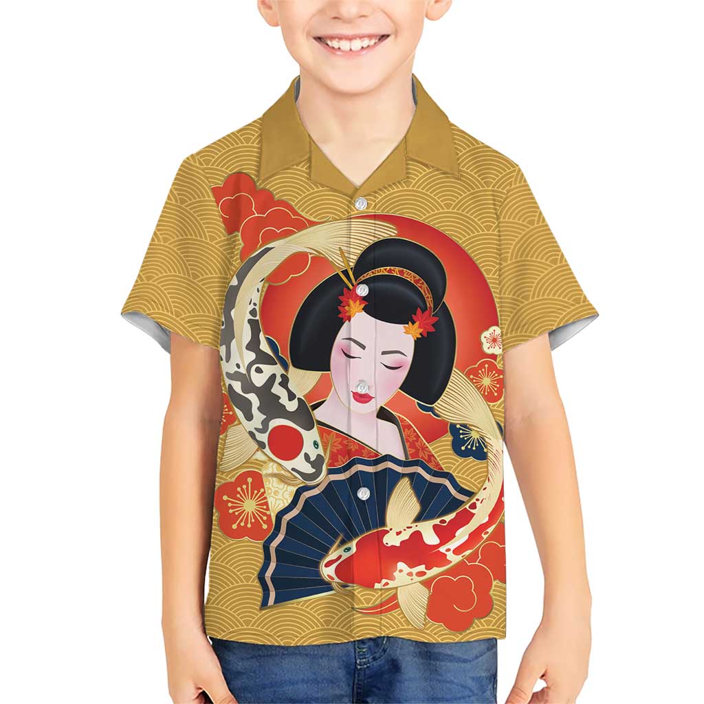 Japanese Geisha Koi Fish Hawaiian Shirt Cherry Blossoms Yellow Seigaiha Pattern - Polynesian Pride