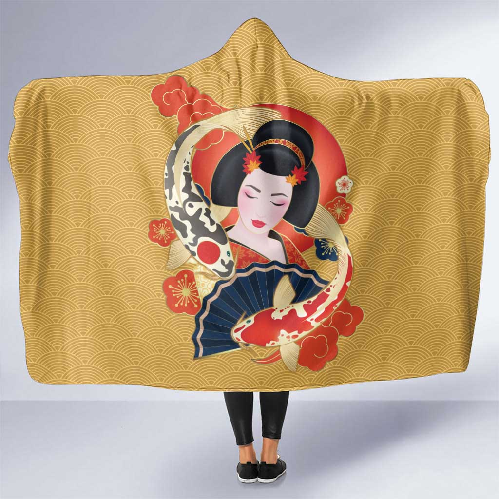 Japanese Geisha Koi Fish Hooded Blanket Cherry Blossoms Yellow Seigaiha Pattern - Polynesian Pride