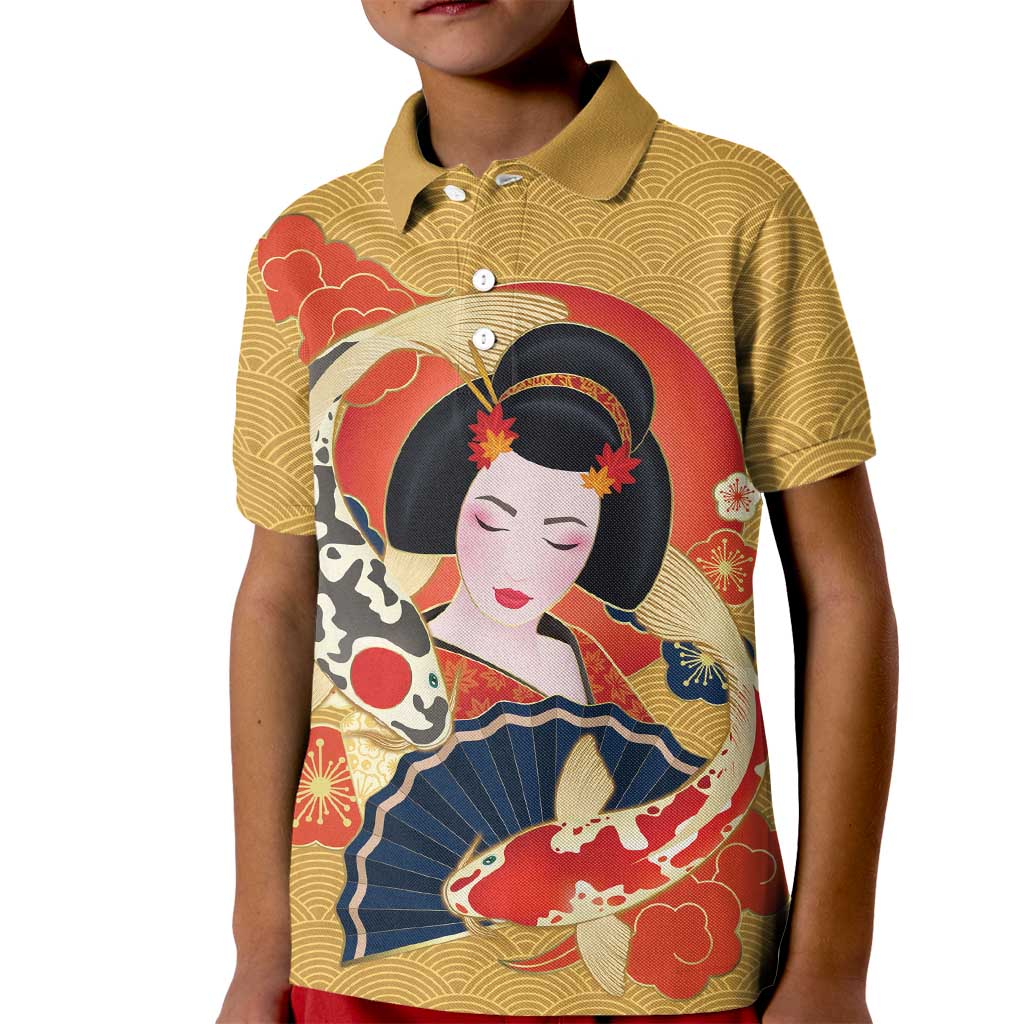 Japanese Geisha Koi Fish Kid Polo Shirt Cherry Blossoms Yellow Seigaiha Pattern - Polynesian Pride