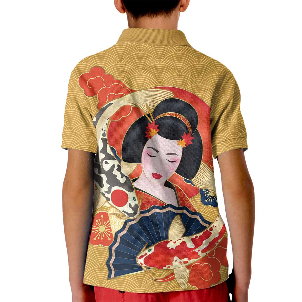 Japanese Geisha Koi Fish Kid Polo Shirt Cherry Blossoms Yellow Seigaiha Pattern - Polynesian Pride