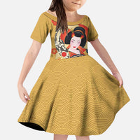 Japanese Geisha Koi Fish Kid Short Sleeve Dress Cherry Blossoms Yellow Seigaiha Pattern - Polynesian Pride