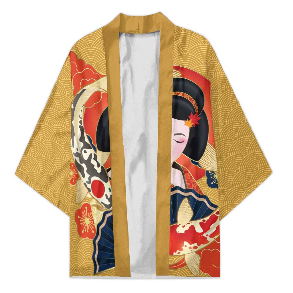 Japanese Geisha Koi Fish Kimono Cherry Blossoms Yellow Seigaiha Pattern - Polynesian Pride